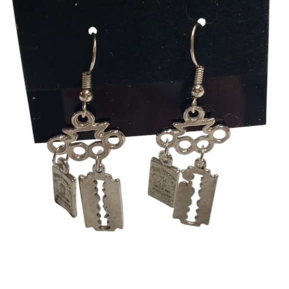 Razor Blade Jack Daniels Silver Tone Earrings - Picture 9 of 9